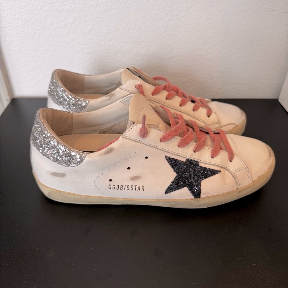 Golden Goose Sneakers with Silver Glitter Heel, Navy Blue Star, Pink Laces
